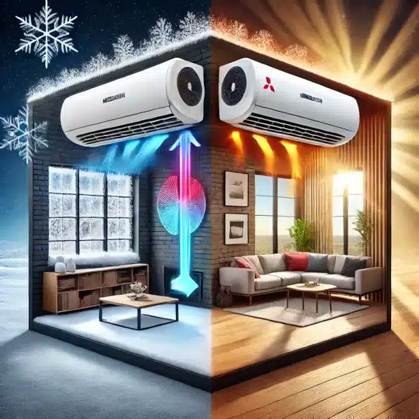 DALL·E 2024 12 17 12.15.41 A visually appealing boxed image representing year round comfort provided by a heat pump system. The image is divided into two halves the left side s
