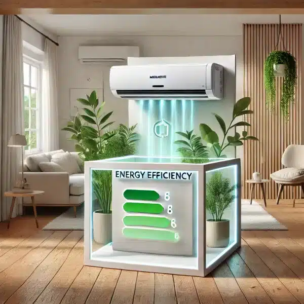 DALL·E 2024 12 17 12.17.38 A visually appealing boxed image representing energy efficiency provided by a heat pump system without any text. The scene features a sleek and modern